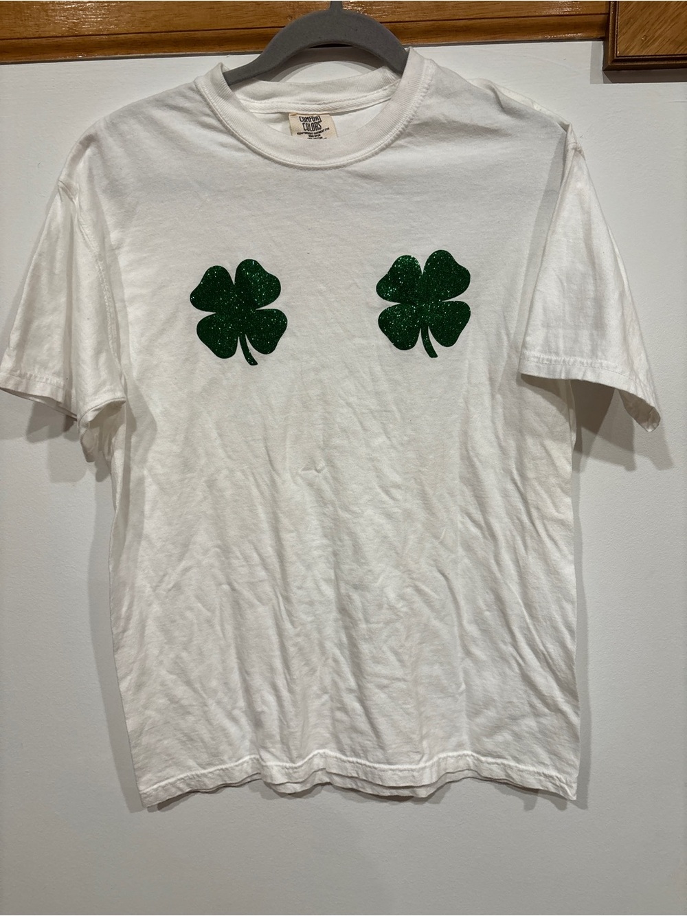 Glitter Shamrocks 100% Cotton Comfort Colors St Patrick’s Day White Tee - M